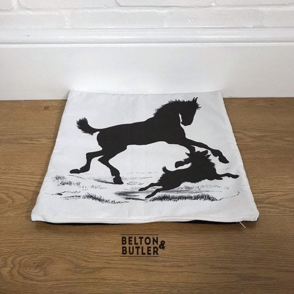 16“ Handmade Cushion Cover with Silhouette Print of Horse and Dog-Home Decor-Belton & Butler