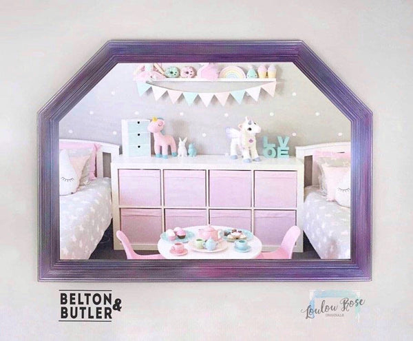 Hexagon shaped mirror hand painted in pink tones, Decorative Framed Mirror-Belton & Butler